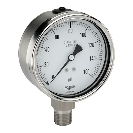 Pressure Gauge, 2.5 304SS Case, 316SS Internals, 10000 Psi, 1/4 NPT Male Bottom Conn, Safety Glass Lens, Rubber Case Protector, -40 Degree Service Fi